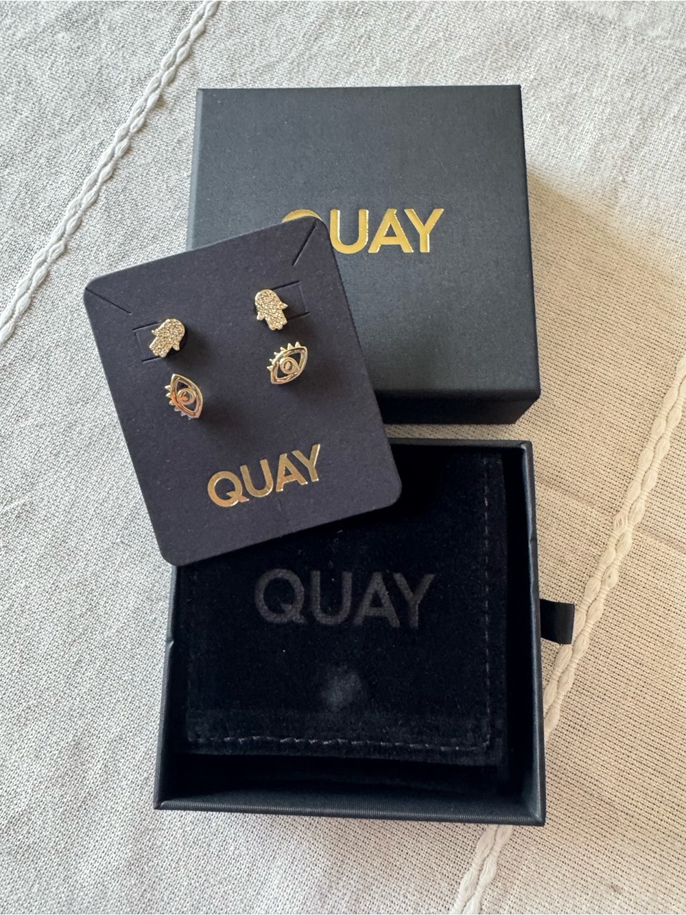 QUAY Gold Tone Hamsa & Evil Eye Stud Earring Set NIB